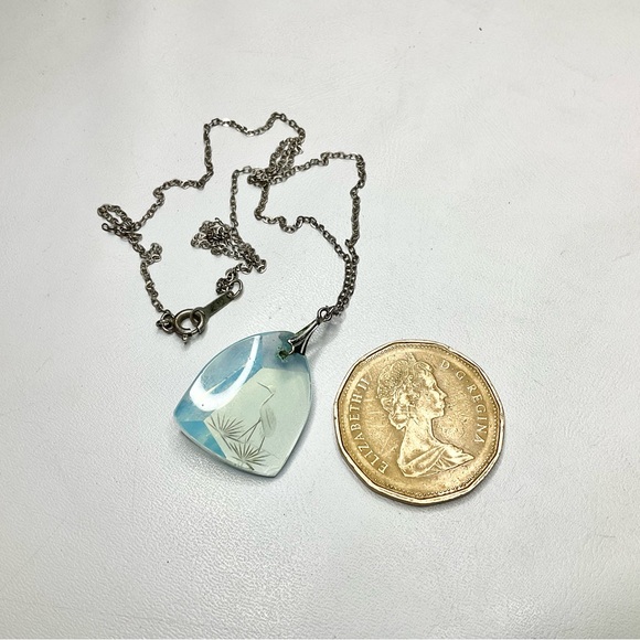 Art Deco Sterling Opaline Glass Necklace Japanese Carved Crane - Picture 2 of 11
